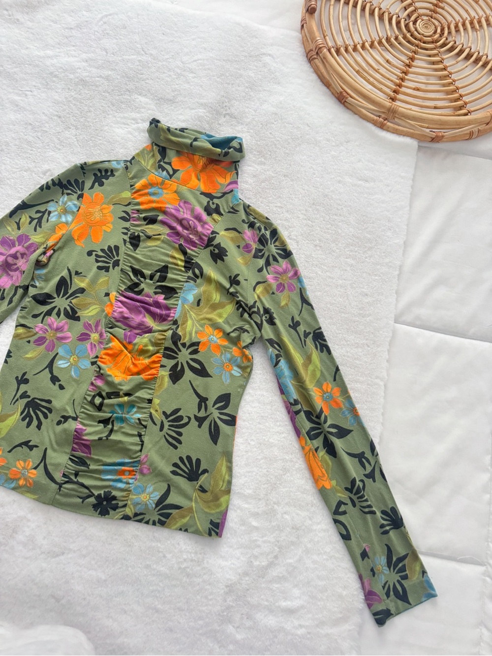 Etro Milano Floral Ruched Turtleneck Long Sleeve Stretch Top Green - Picture 5 of 10